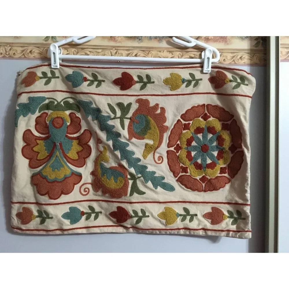 Pier 1 Cotton Embroidered Retangled Floral Boho Vintage Colorful Pillow Sham Cov